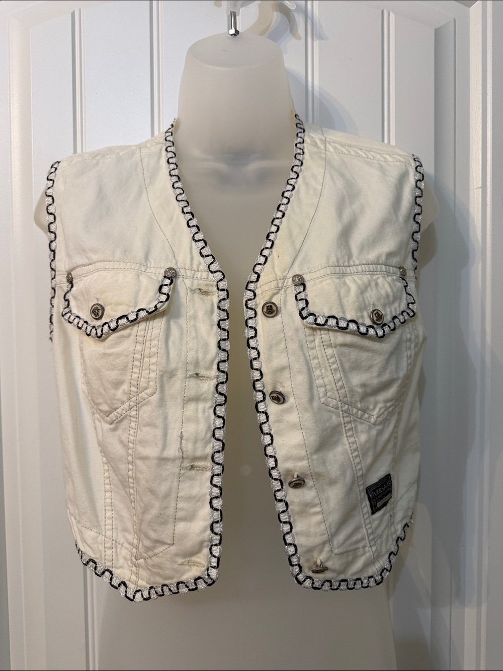 Versace Jeans Collection Cream Denim Vest with Black Scallop Trim